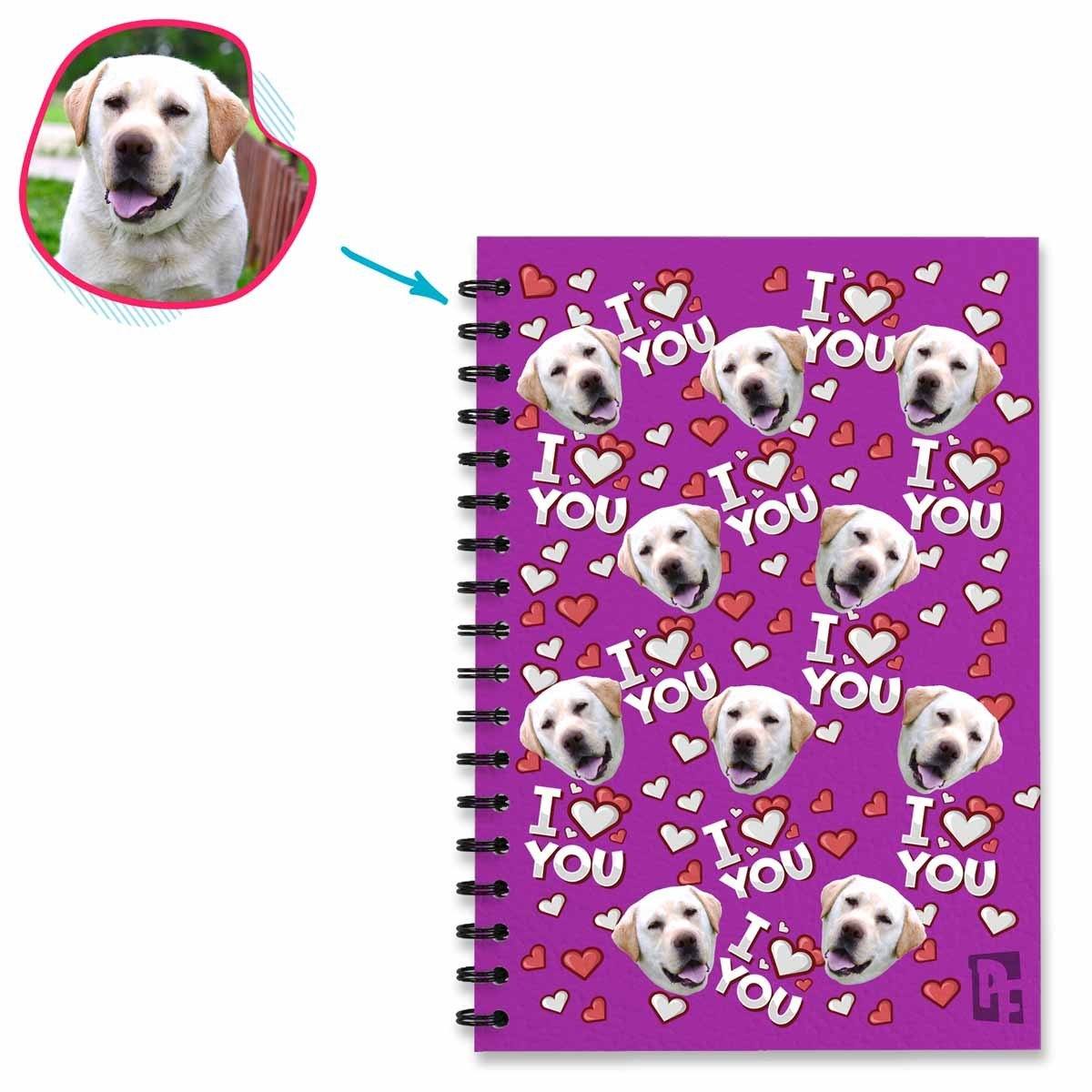purple I Love You Notebook personalized with photo of face printed on them