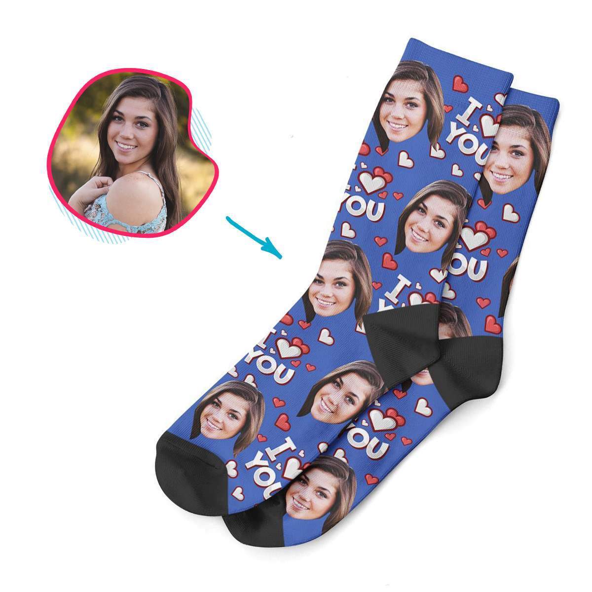 darkblue I Love You socks personalized with photo of face printed on them
