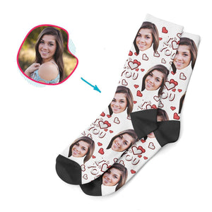 white I Love You socks personalized with photo of face printed on them