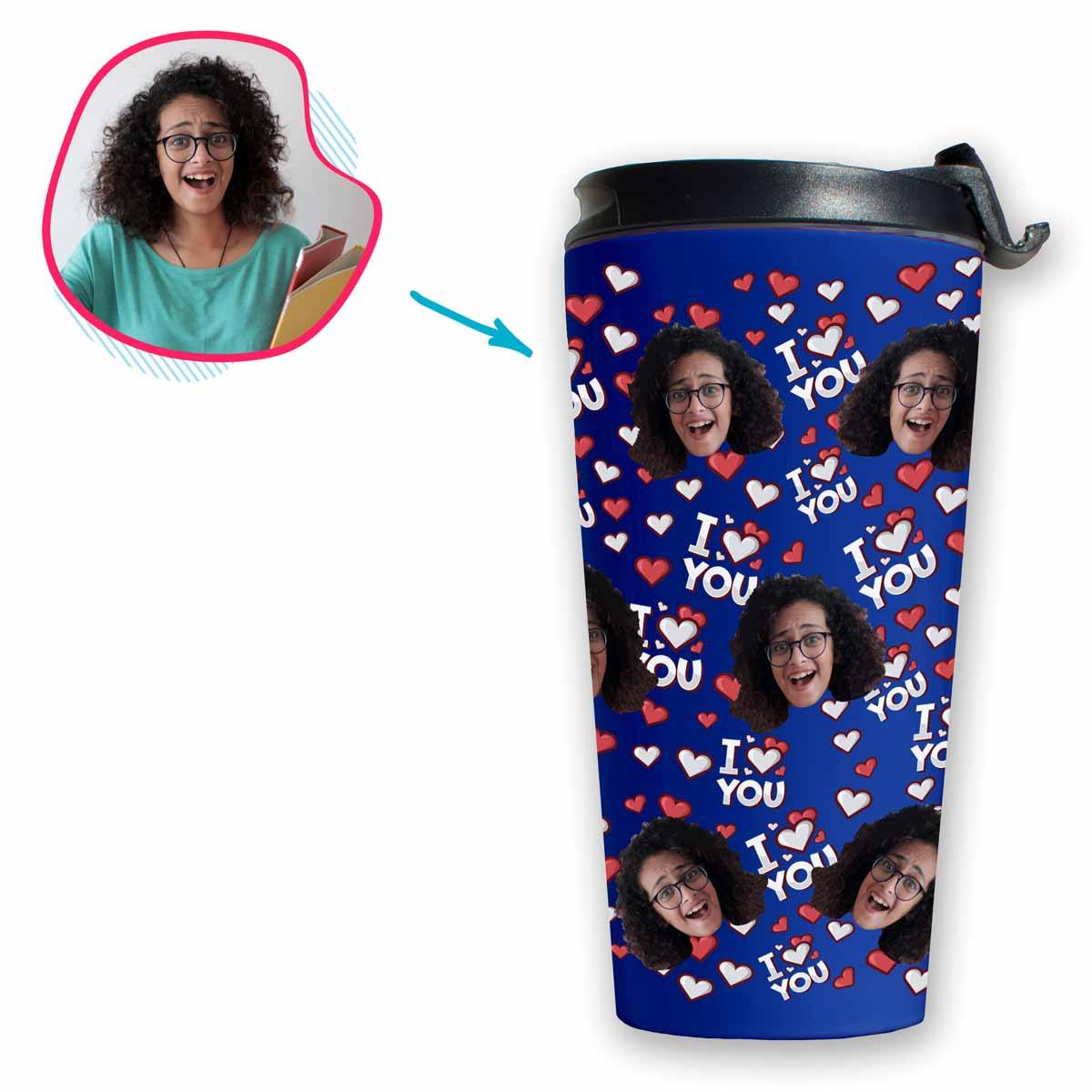 darkblue I Love You travel mug personalized with photo of face printed on it
