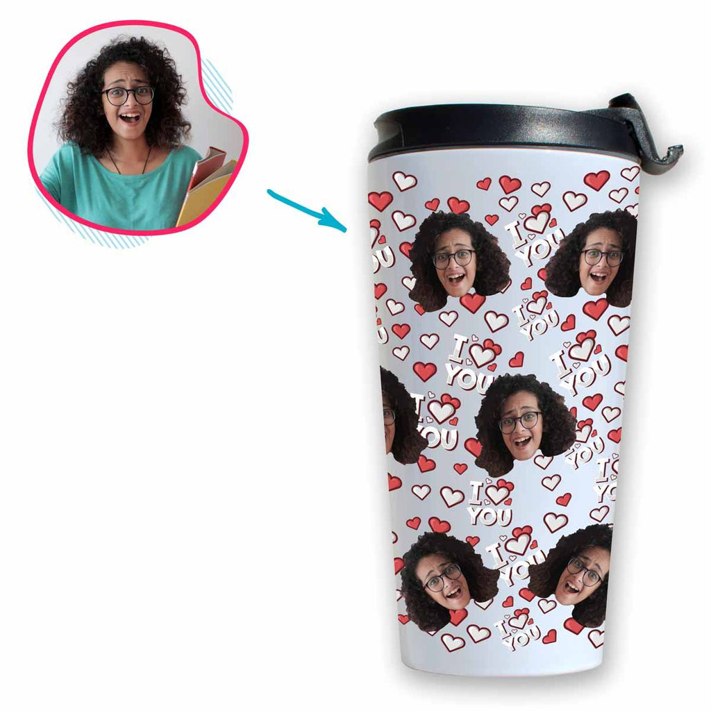 white I Love You travel mug personalized with photo of face printed on it