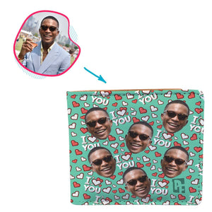 mint I Love You wallet personalized with photo of face printed on it