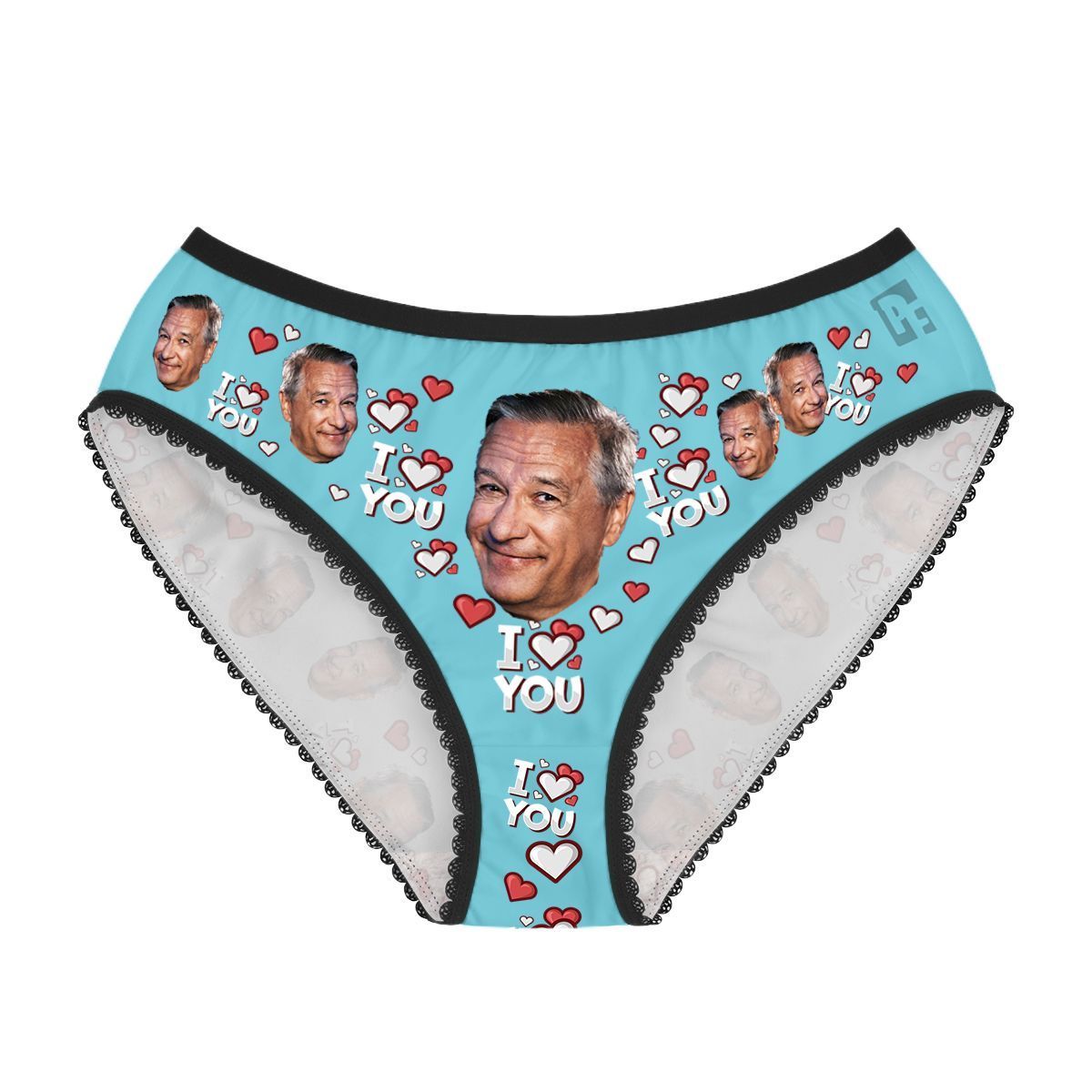 Blue I love you women's underwear briefs personalized with photo printed on them