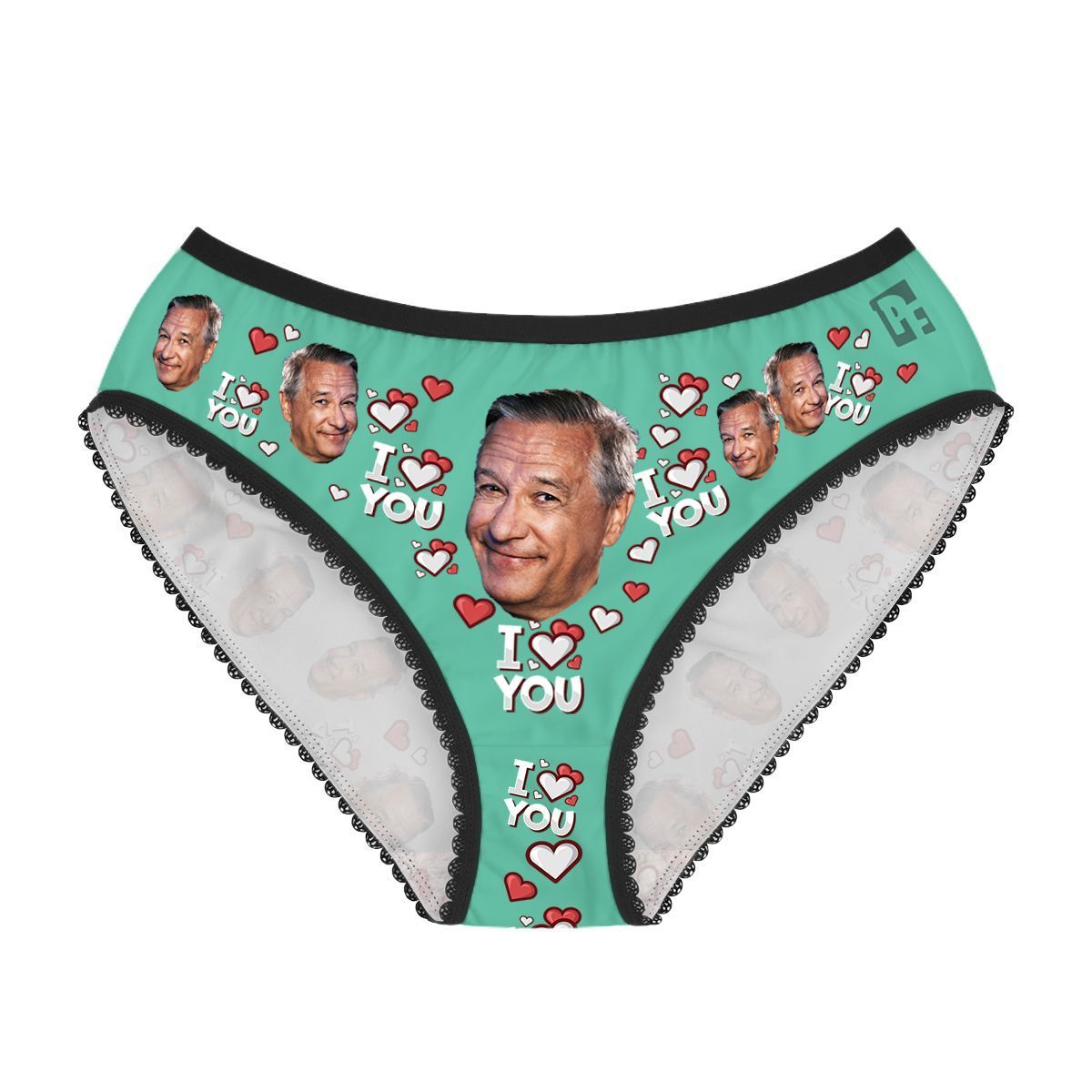 Mint I love you women's underwear briefs personalized with photo printed on them