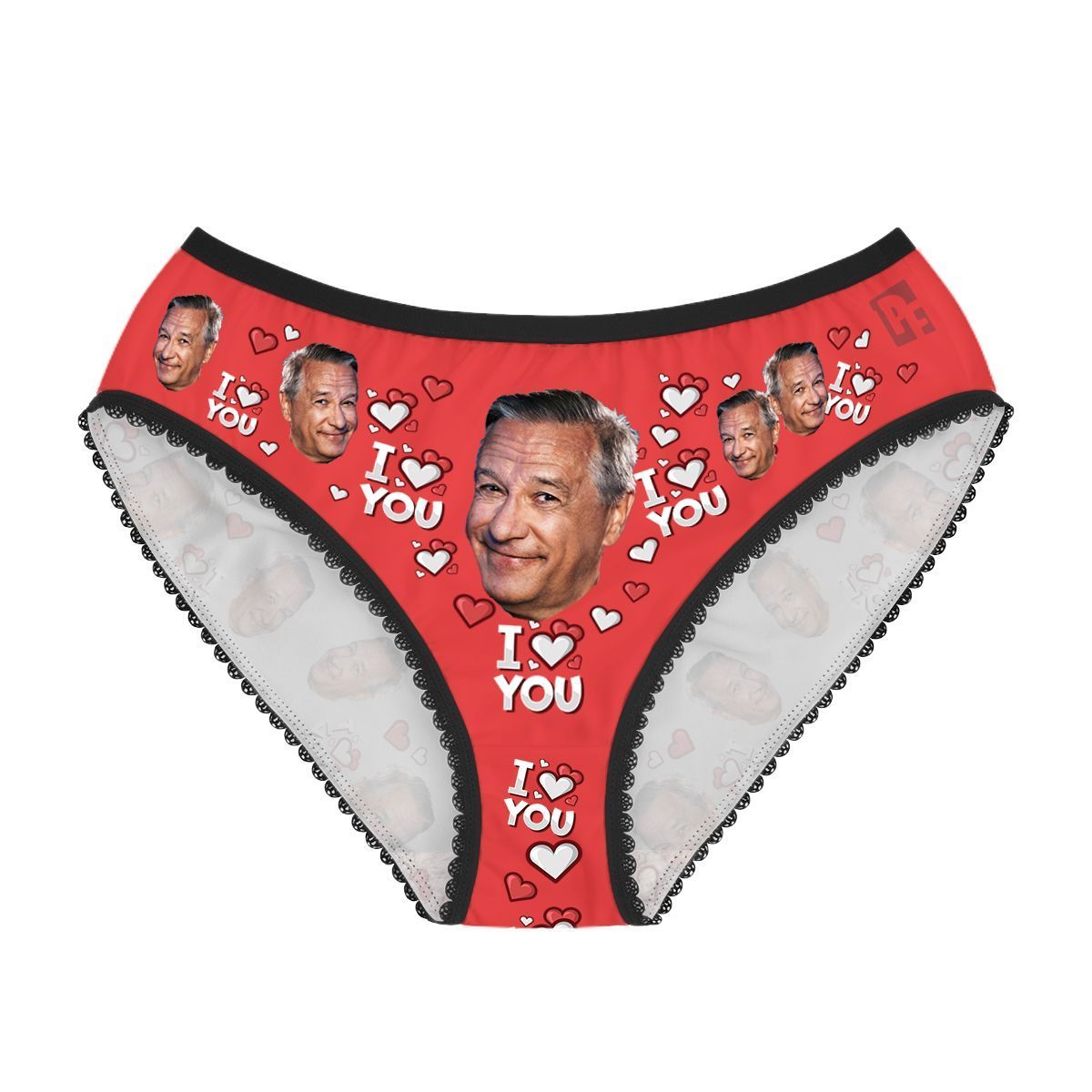 Red I love you women's underwear briefs personalized with photo printed on them