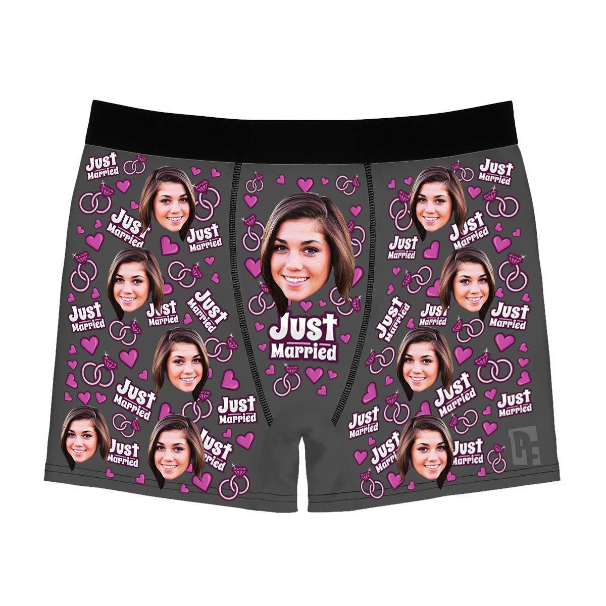 Dark Just married men's boxer briefs personalized with photo printed on them
