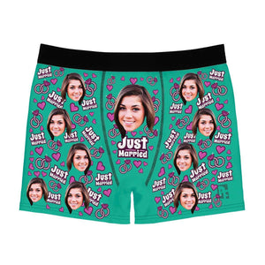 Mint Just married men's boxer briefs personalized with photo printed on them