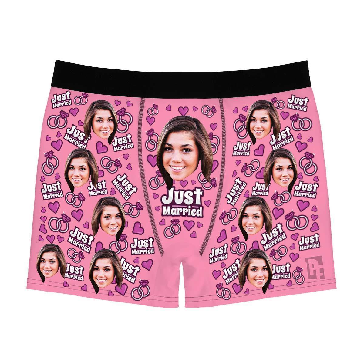 Pink Just married men's boxer briefs personalized with photo printed on them