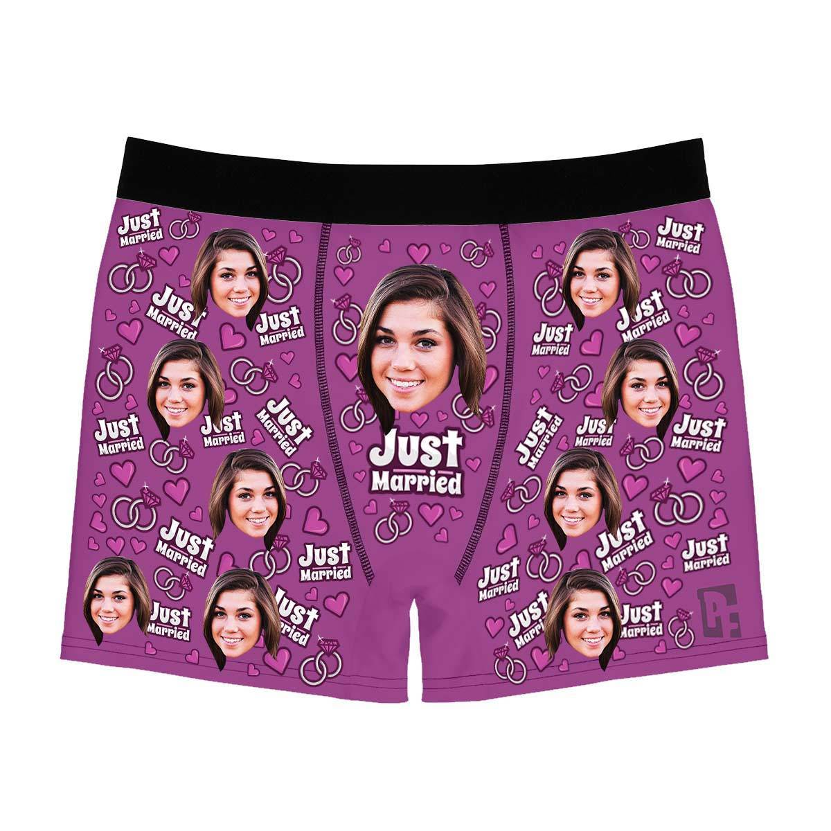 Purple Just married men's boxer briefs personalized with photo printed on them