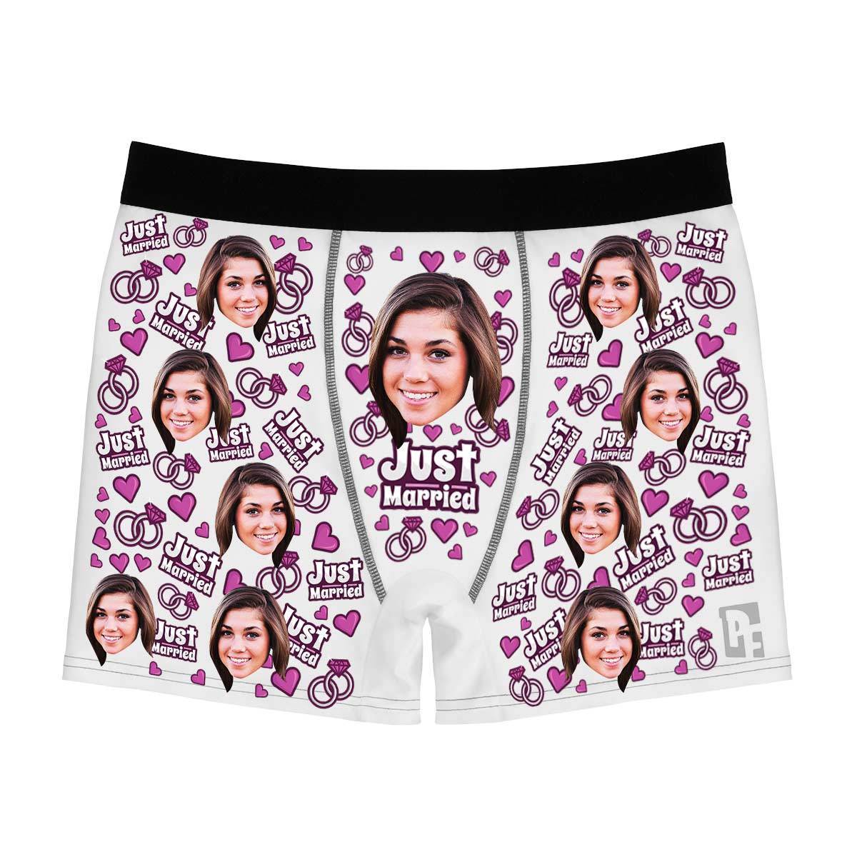 White Just married men's boxer briefs personalized with photo printed on them