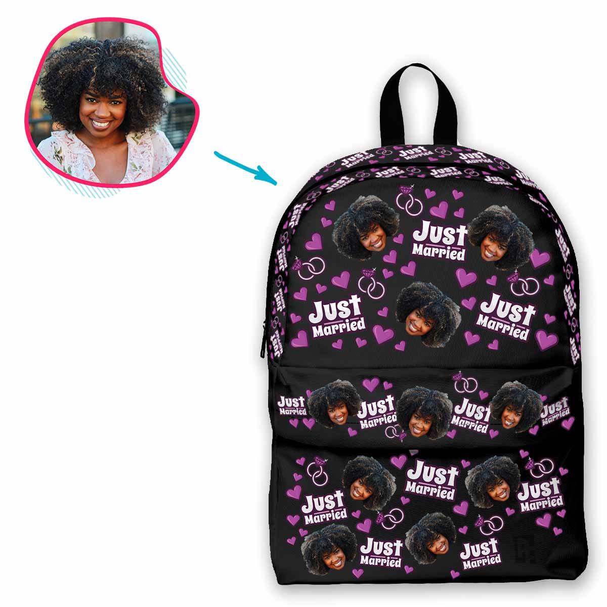 dark Just Married classic backpack personalized with photo of face printed on it