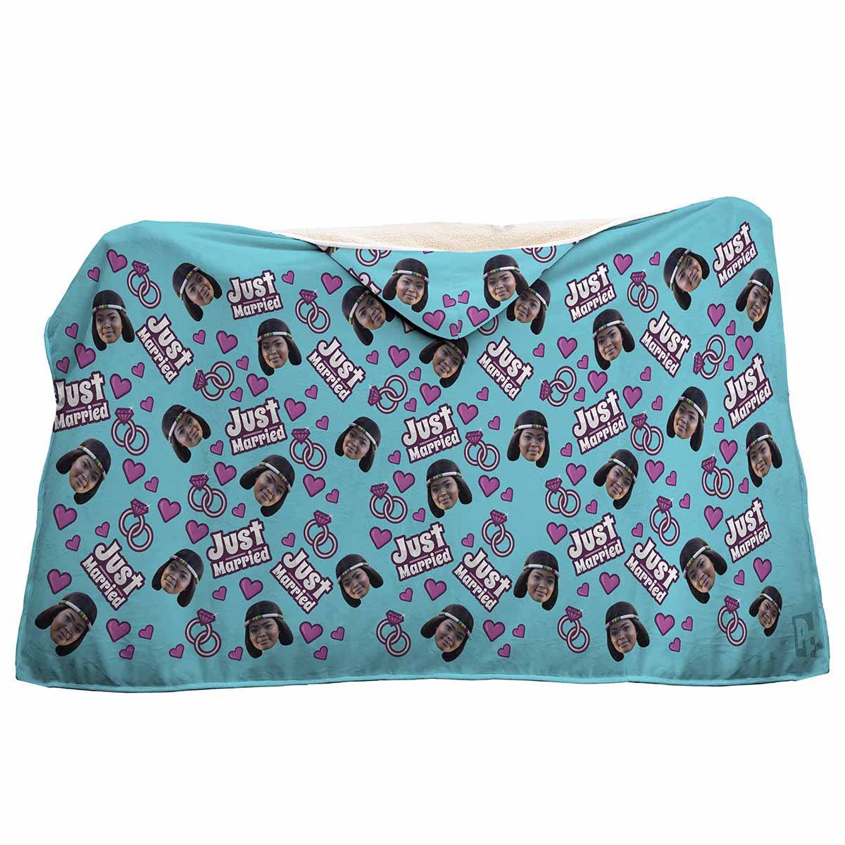 blue Just Married hooded blanket personalized with photo of face printed on it