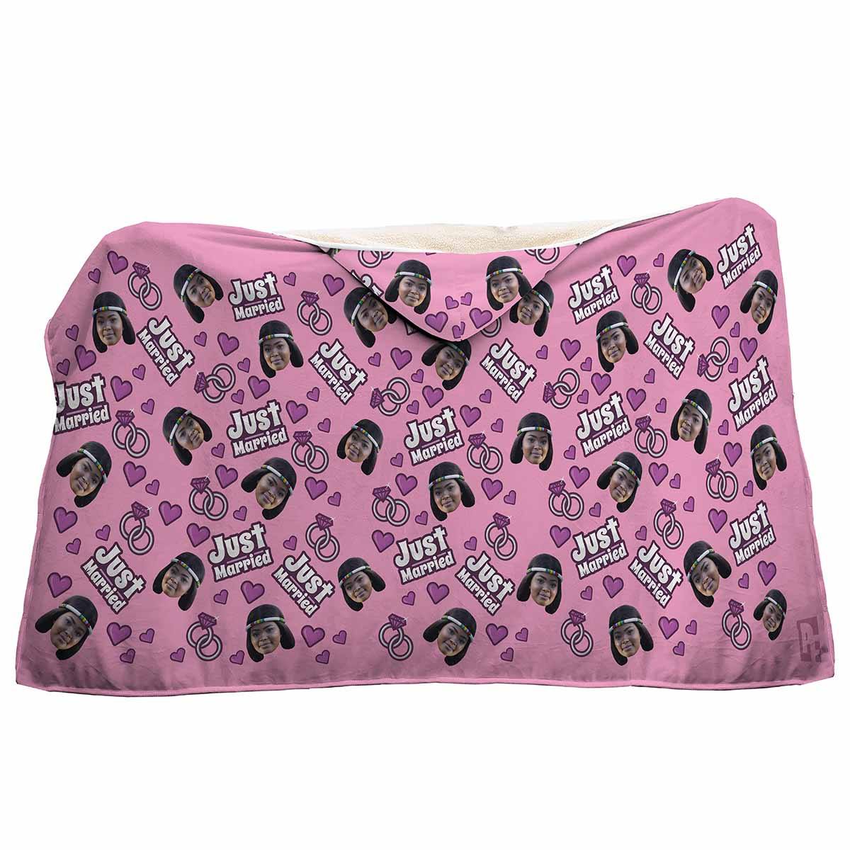 pink Just Married hooded blanket personalized with photo of face printed on it