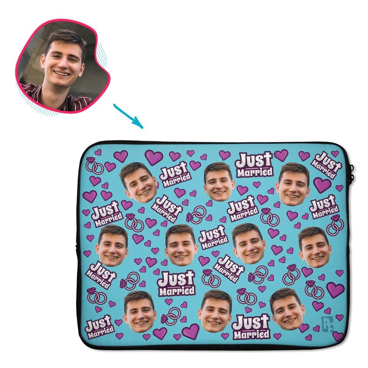 blue Just Married laptop sleeve personalized with photo of face printed on them