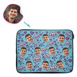 Load image into Gallery viewer, blue Just Married laptop sleeve personalized with photo of face printed on them
