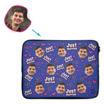Load image into Gallery viewer, darkblue Just Married laptop sleeve personalized with photo of face printed on them
