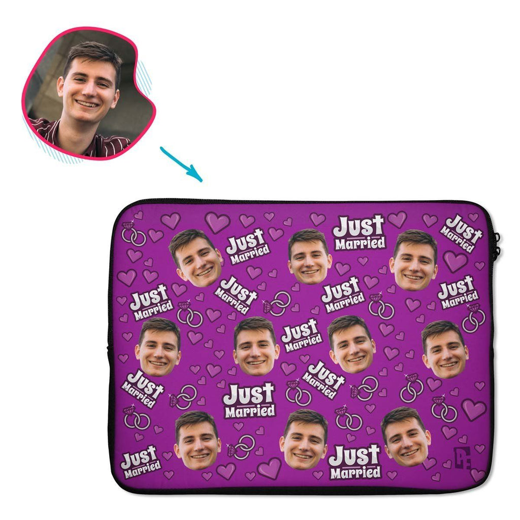 purple Just Married laptop sleeve personalized with photo of face printed on them