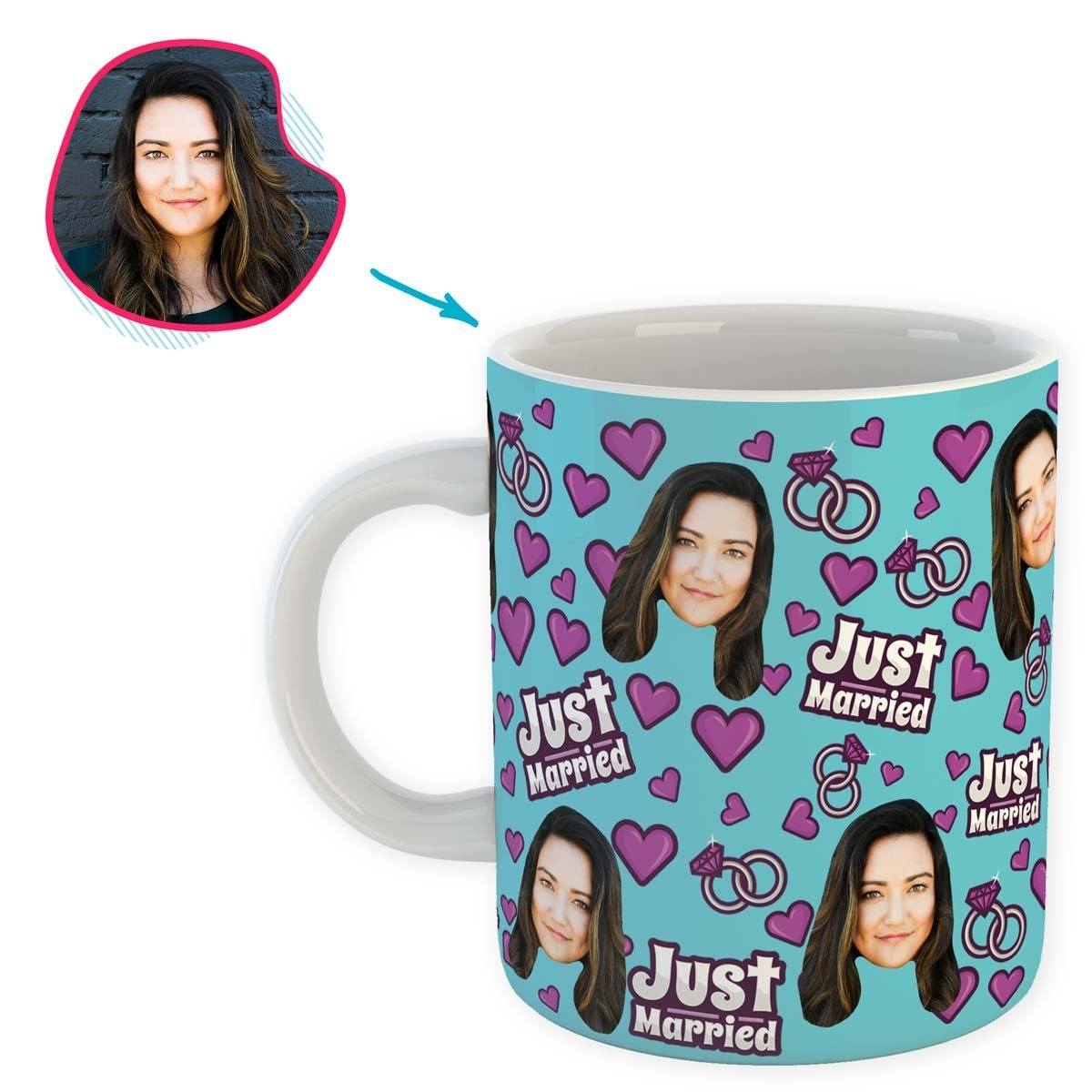 blue Just Married mug personalized with photo of face printed on it