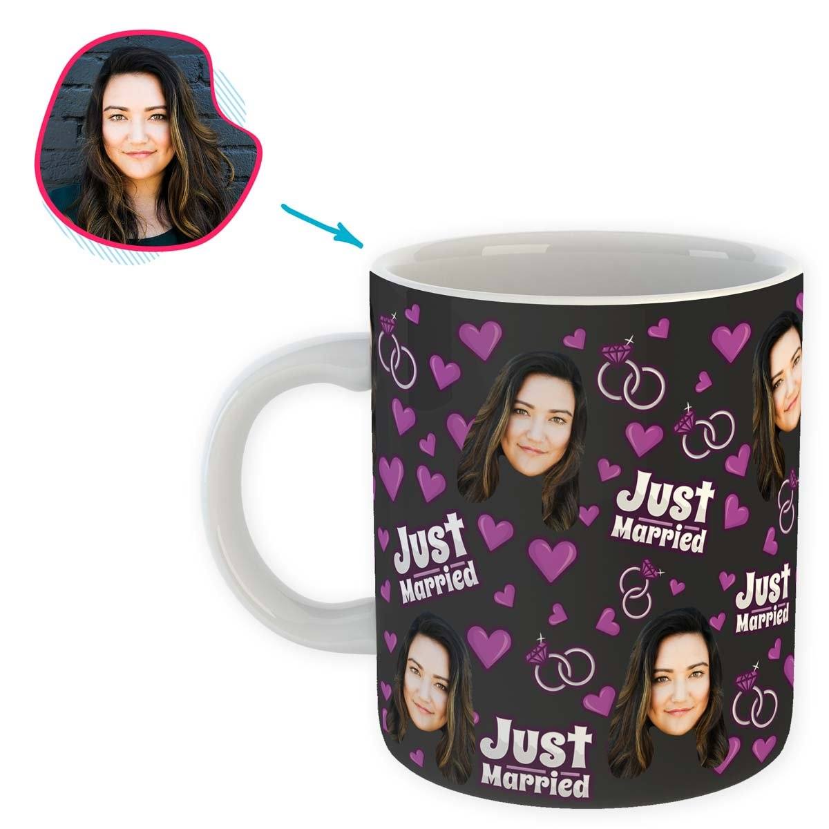 dark Just Married mug personalized with photo of face printed on it