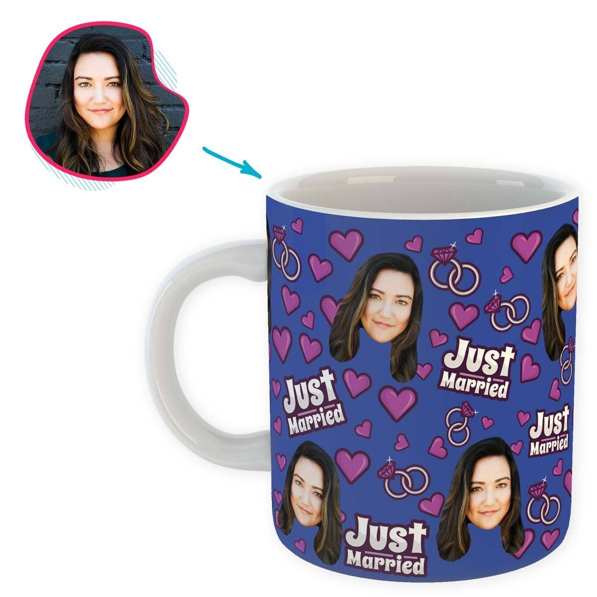 darkblue Just Married mug personalized with photo of face printed on it
