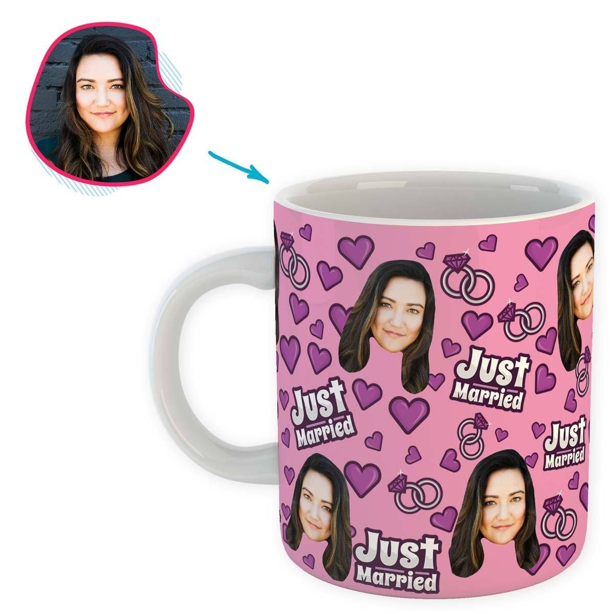 pink Just Married mug personalized with photo of face printed on it