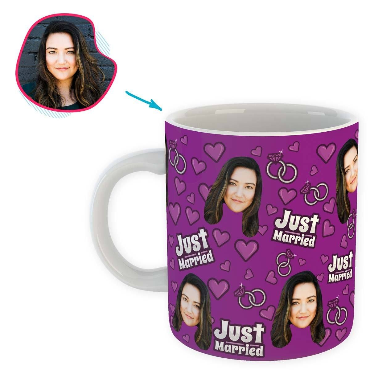 purple Just Married mug personalized with photo of face printed on it