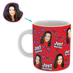 Load image into Gallery viewer, red Just Married mug personalized with photo of face printed on it
