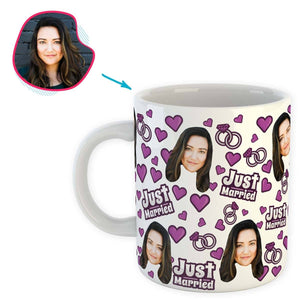 white Just Married mug personalized with photo of face printed on it