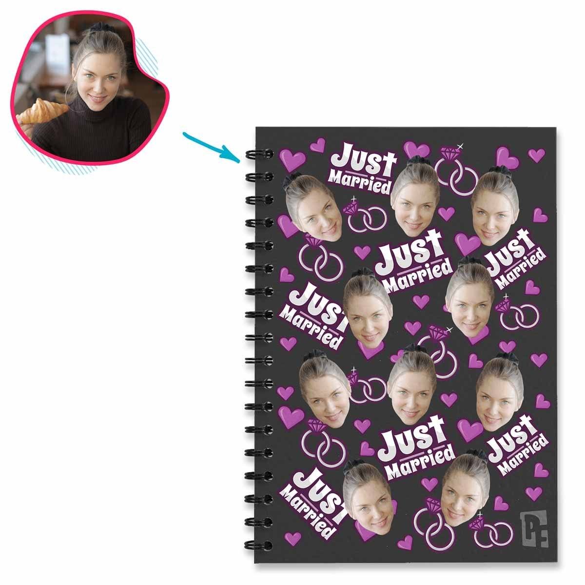 dark Just Married Notebook personalized with photo of face printed on them