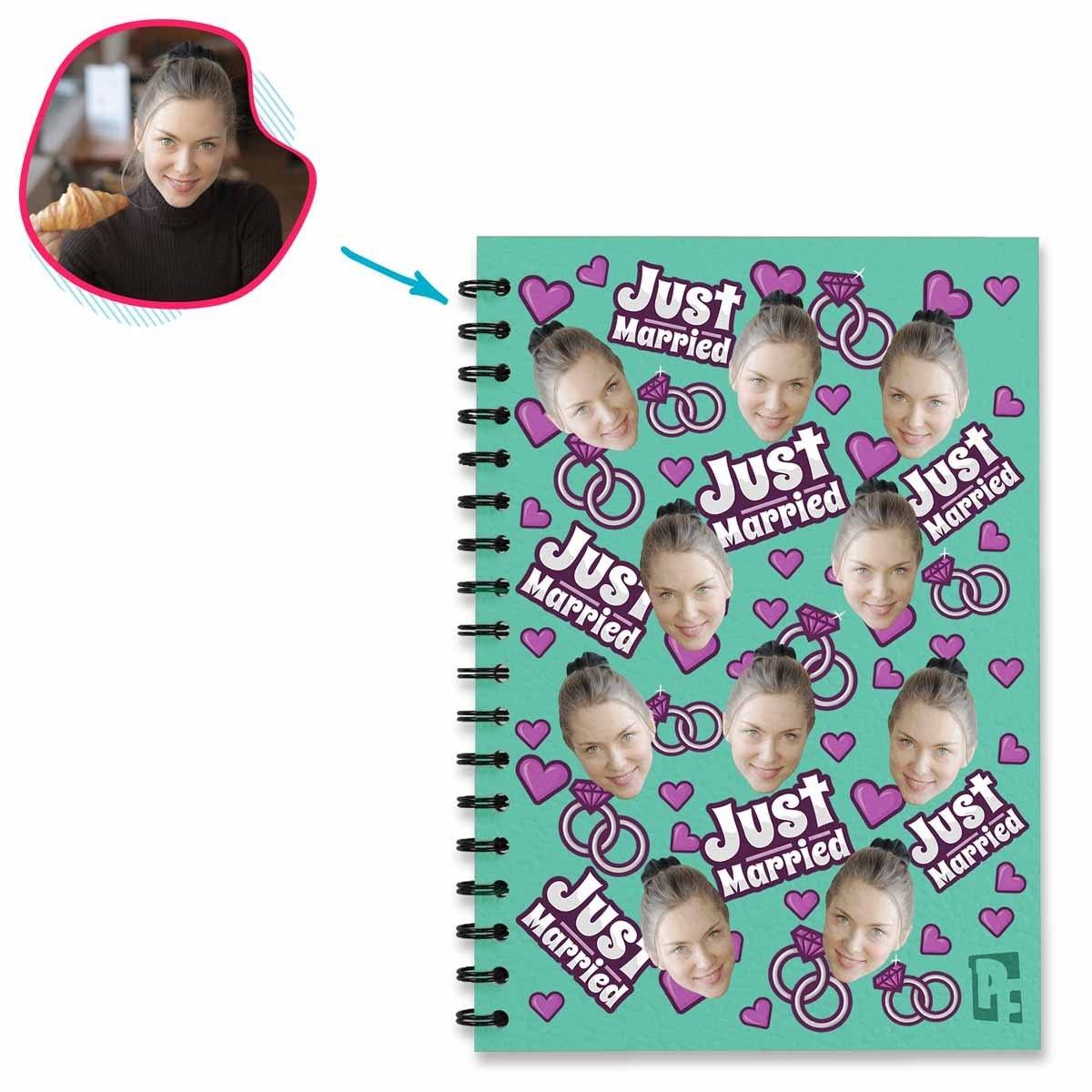 mint Just Married Notebook personalized with photo of face printed on them