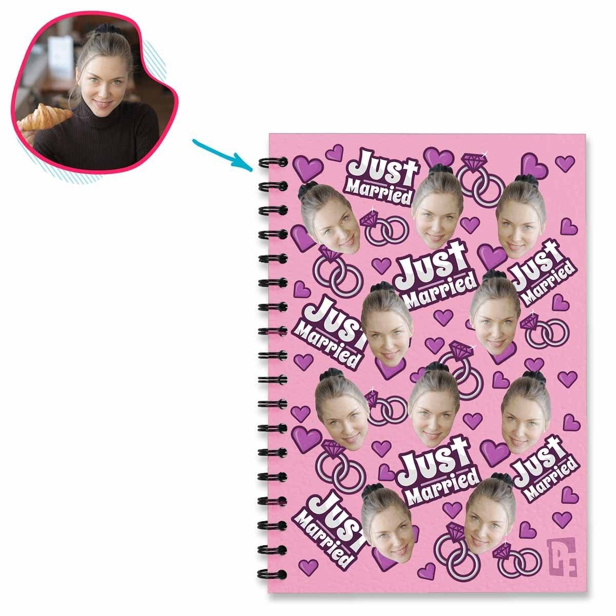 pink Just Married Notebook personalized with photo of face printed on them
