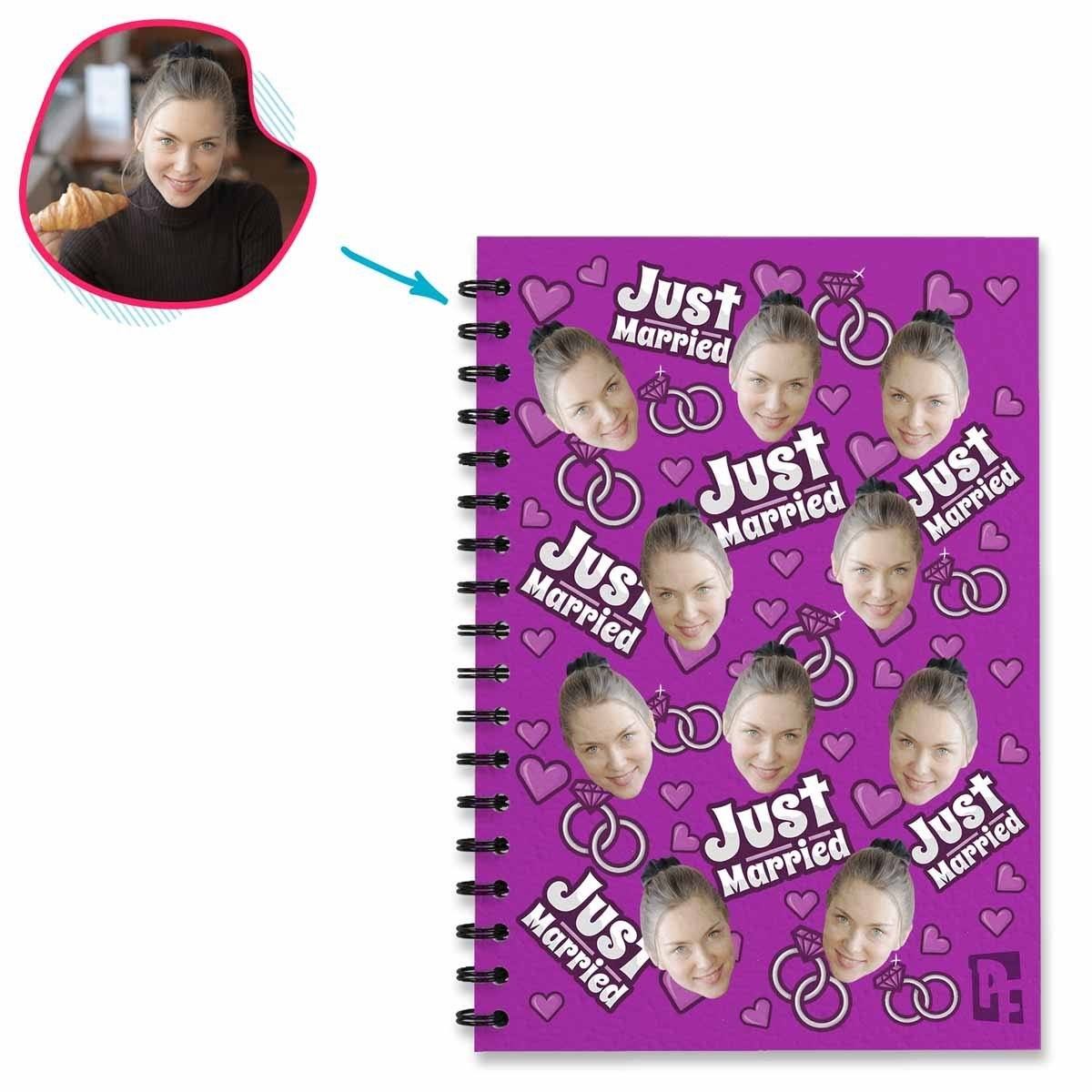 purple Just Married Notebook personalized with photo of face printed on them