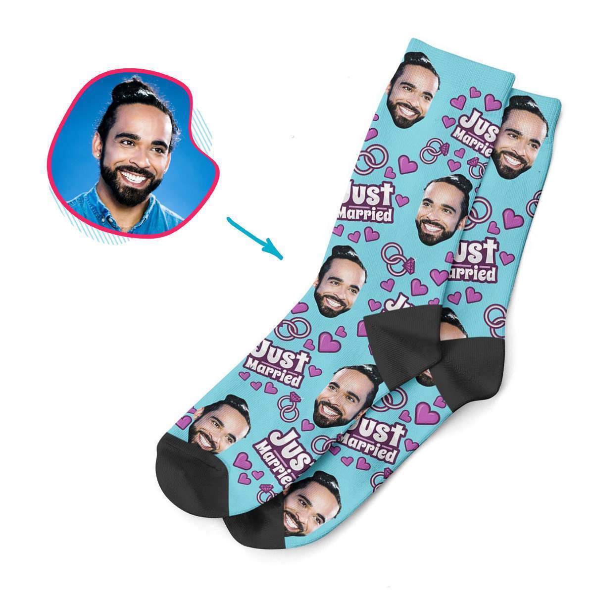 blue Just Married socks personalized with photo of face printed on them
