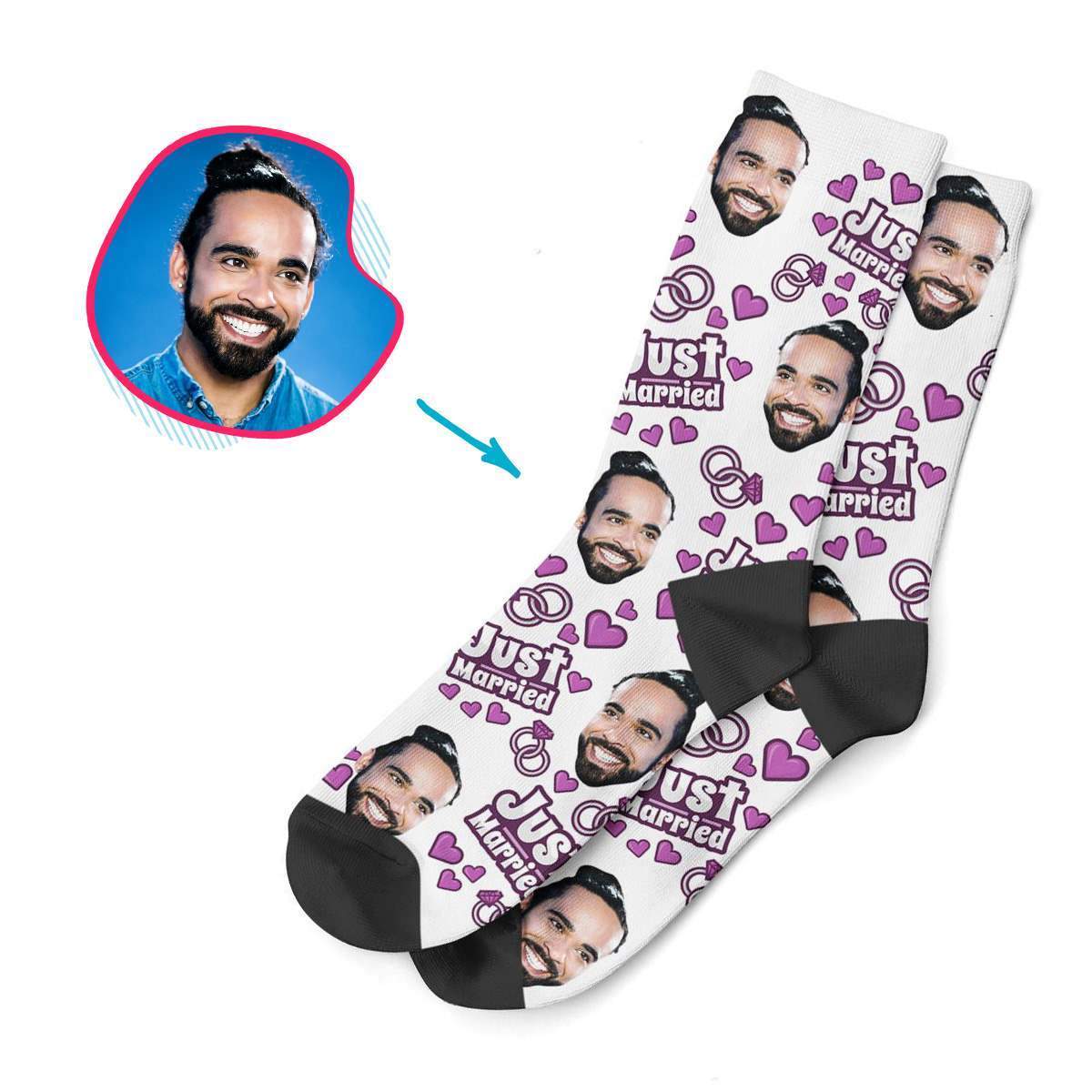 white Just Married socks personalized with photo of face printed on them