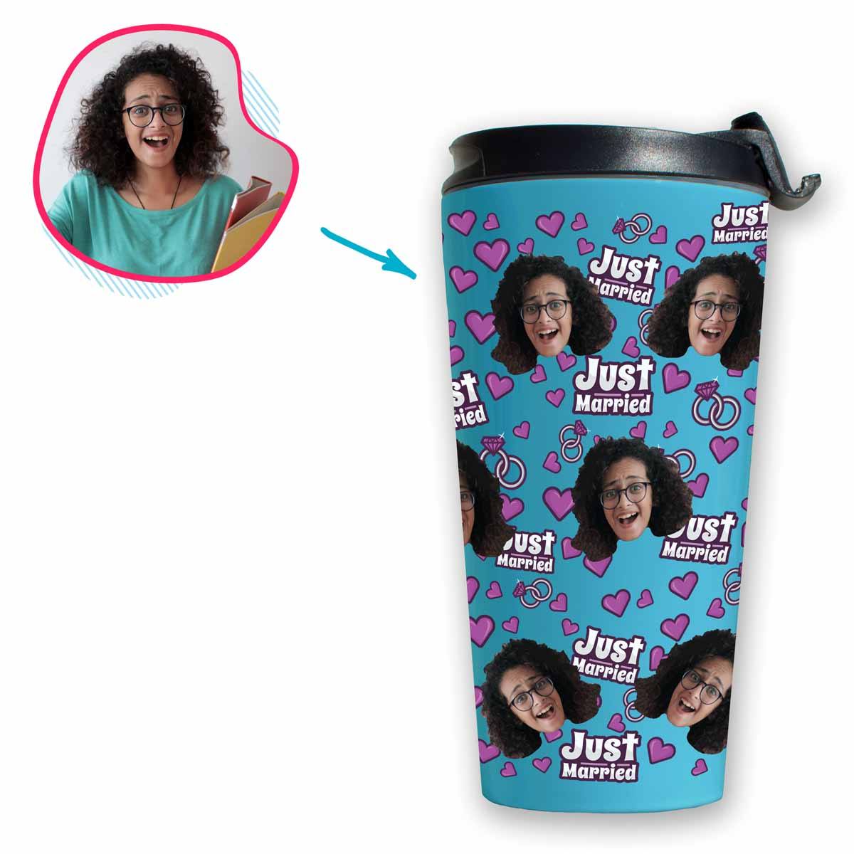 blue Just Married travel mug personalized with photo of face printed on it