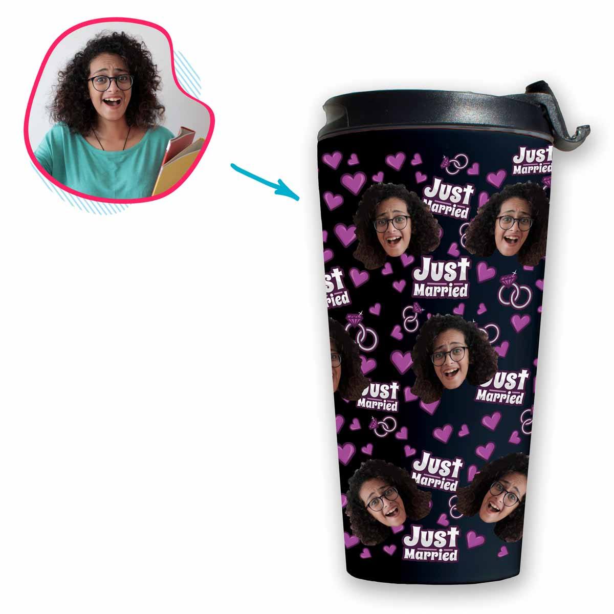 dark Just Married travel mug personalized with photo of face printed on it