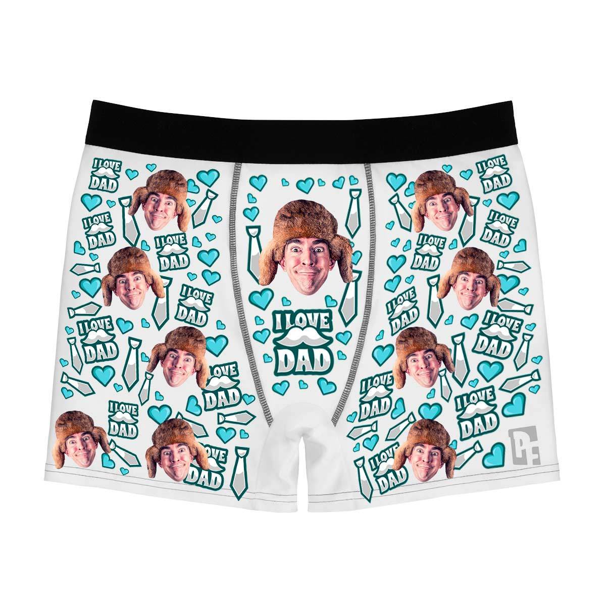 White Love dad men's boxer briefs personalized with photo printed on them