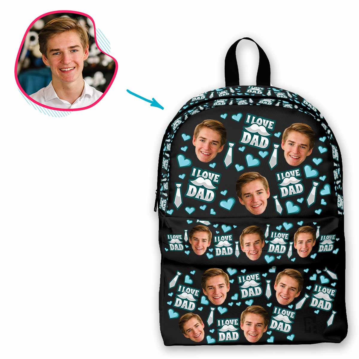 dark Love Dad classic backpack personalized with photo of face printed on it