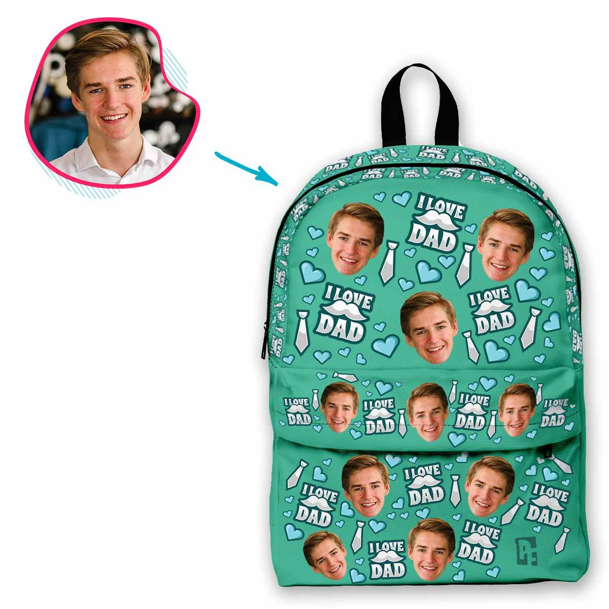 mint Love Dad classic backpack personalized with photo of face printed on it