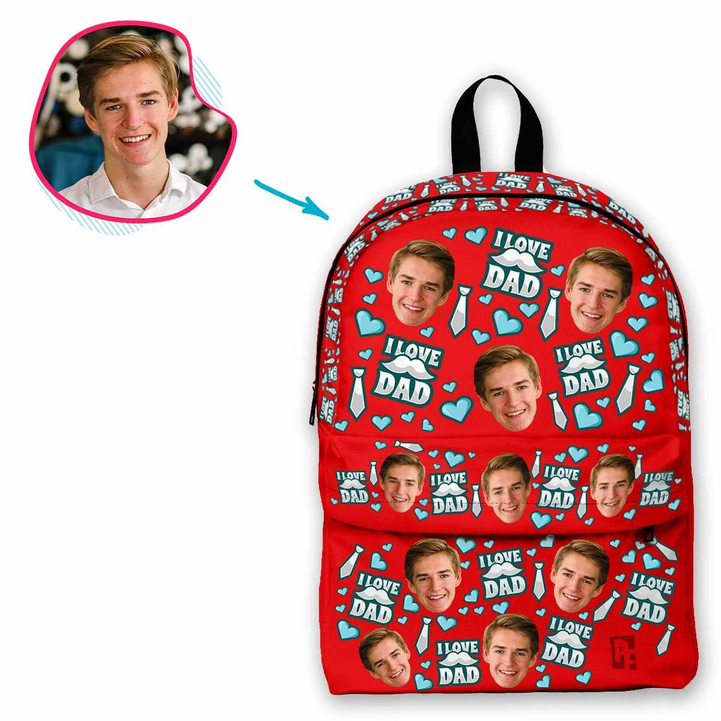 red Love Dad classic backpack personalized with photo of face printed on it