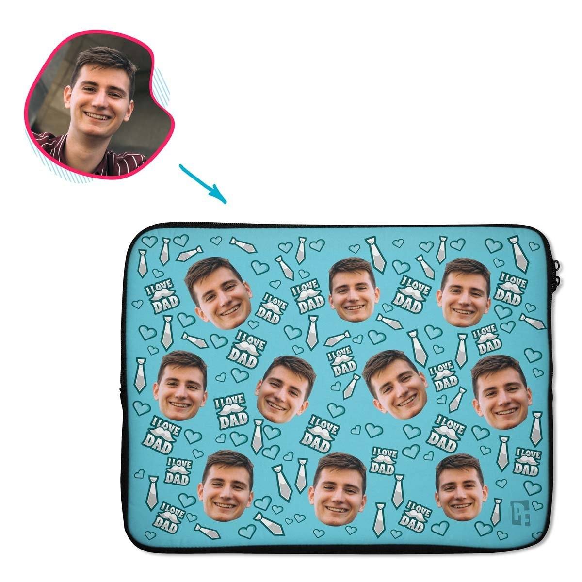 blue Love Dad laptop sleeve personalized with photo of face printed on them