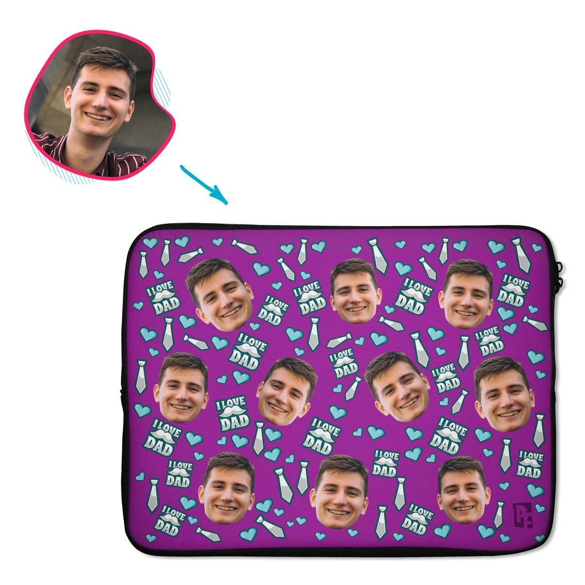 purple Love Dad laptop sleeve personalized with photo of face printed on them