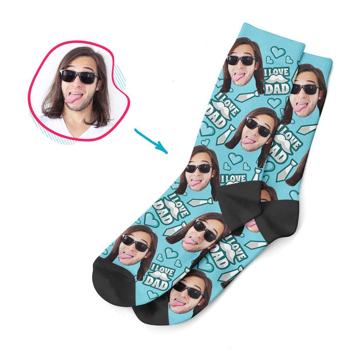 blue Love Dad socks personalized with photo of face printed on them