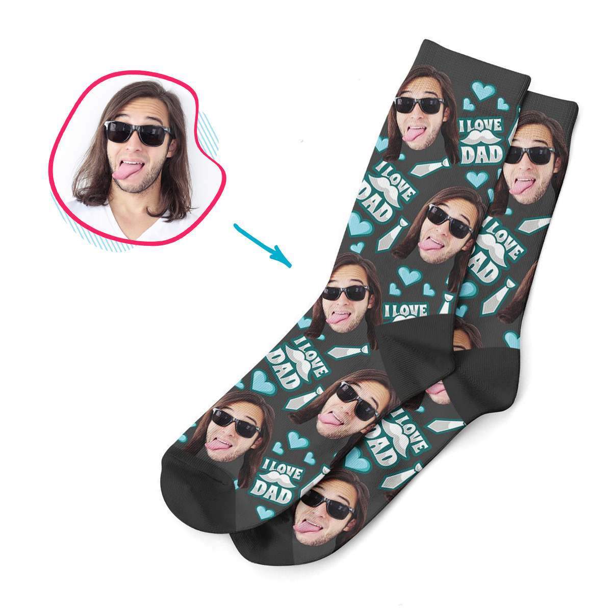 dark Love Dad socks personalized with photo of face printed on them