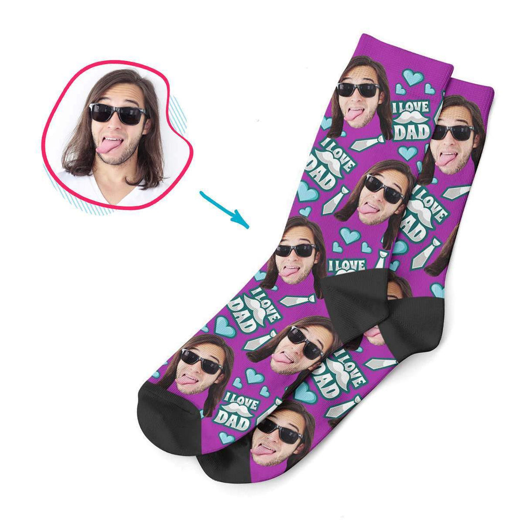 purple Love Dad socks personalized with photo of face printed on them