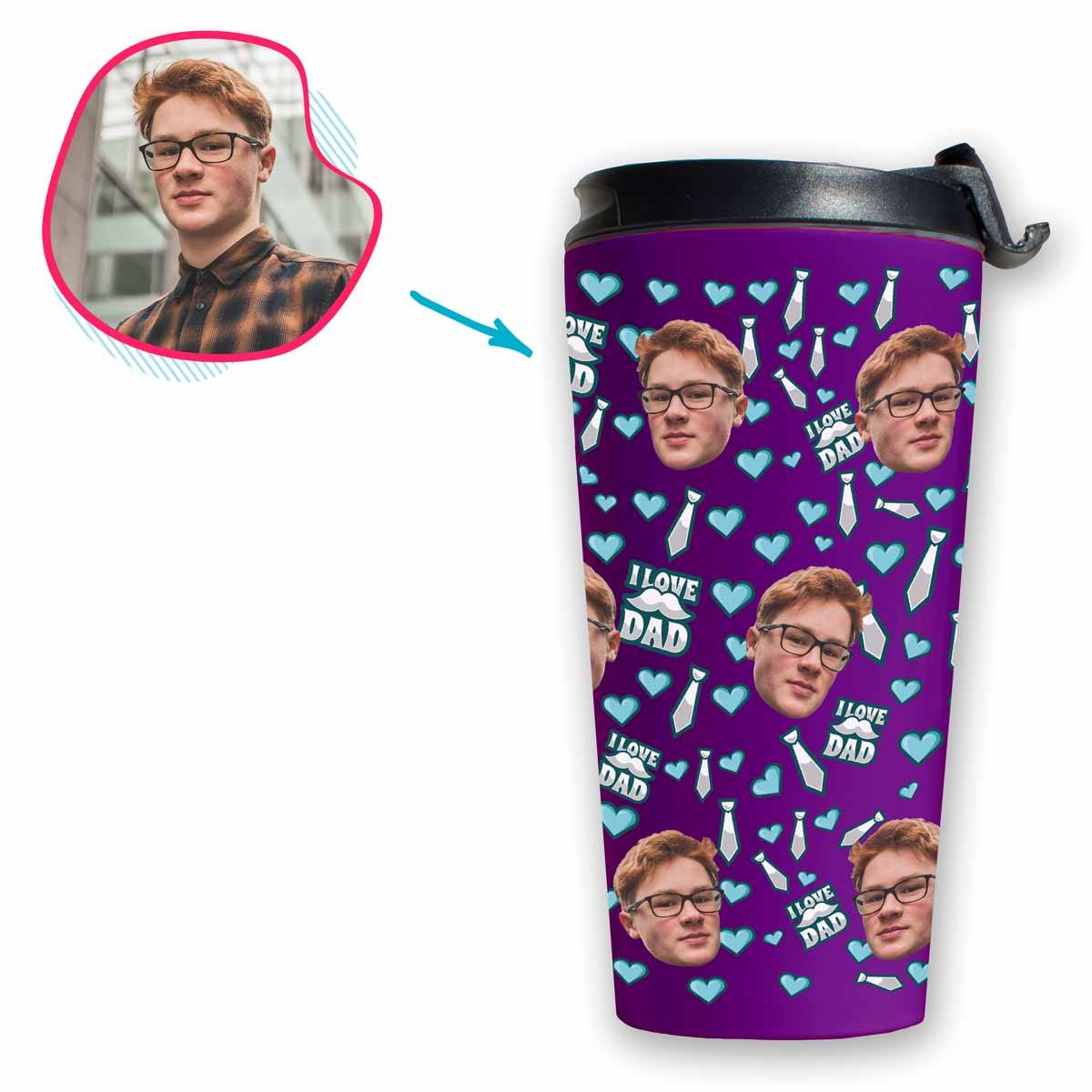 purple Love Dad travel mug personalized with photo of face printed on it