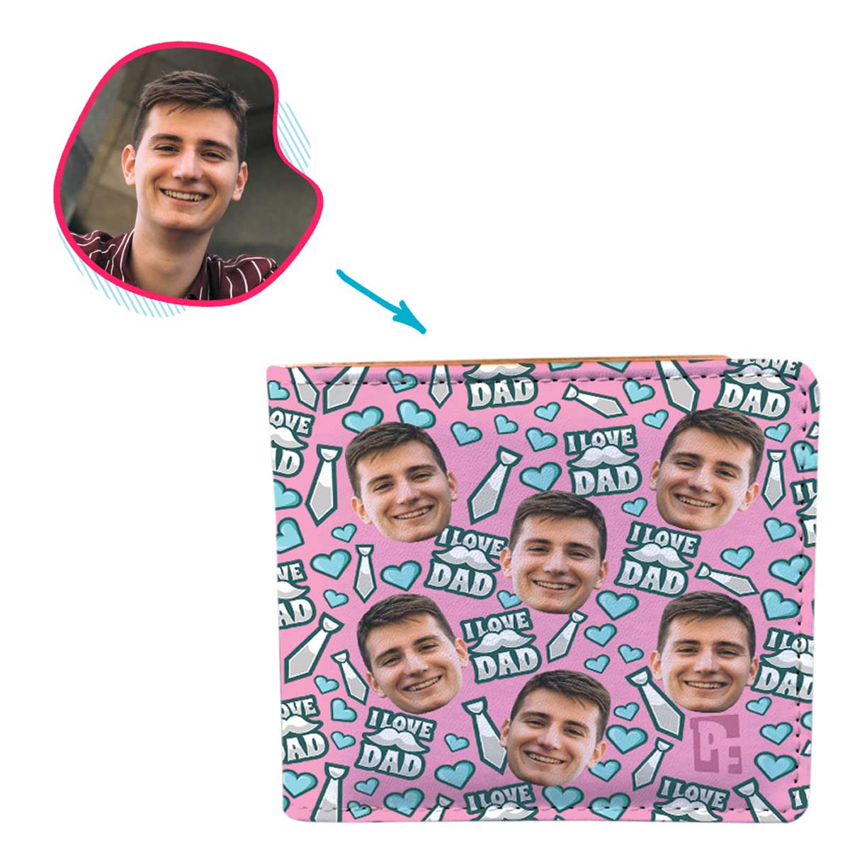 pink Love Dad wallet personalized with photo of face printed on it