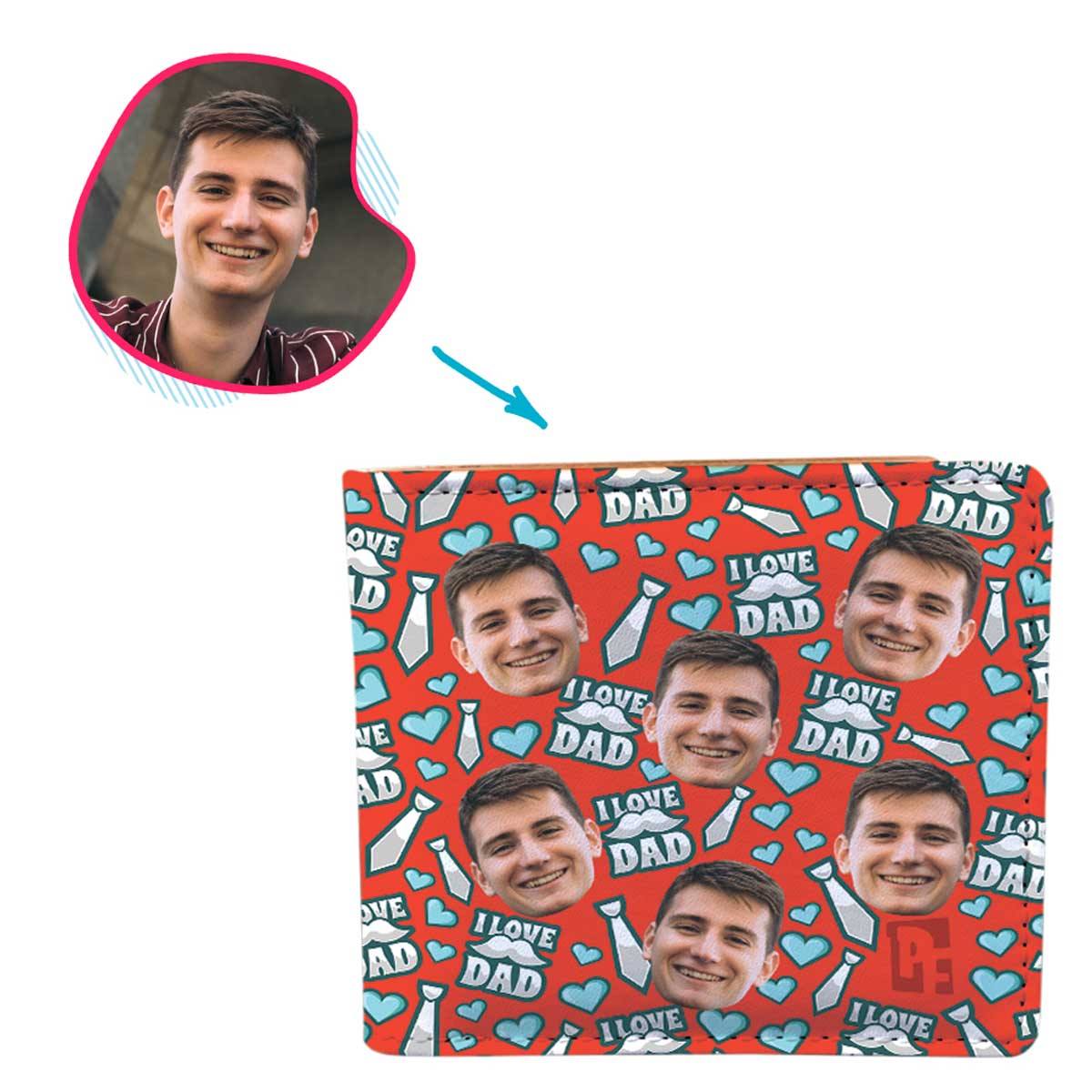 red Love Dad wallet personalized with photo of face printed on it
