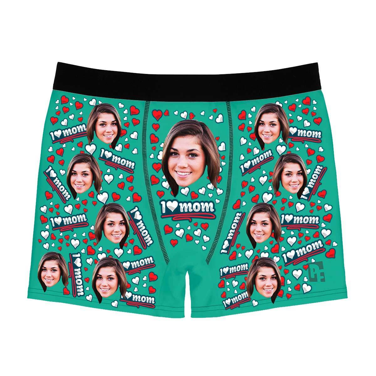 Mint Love mom men's boxer briefs personalized with photo printed on them