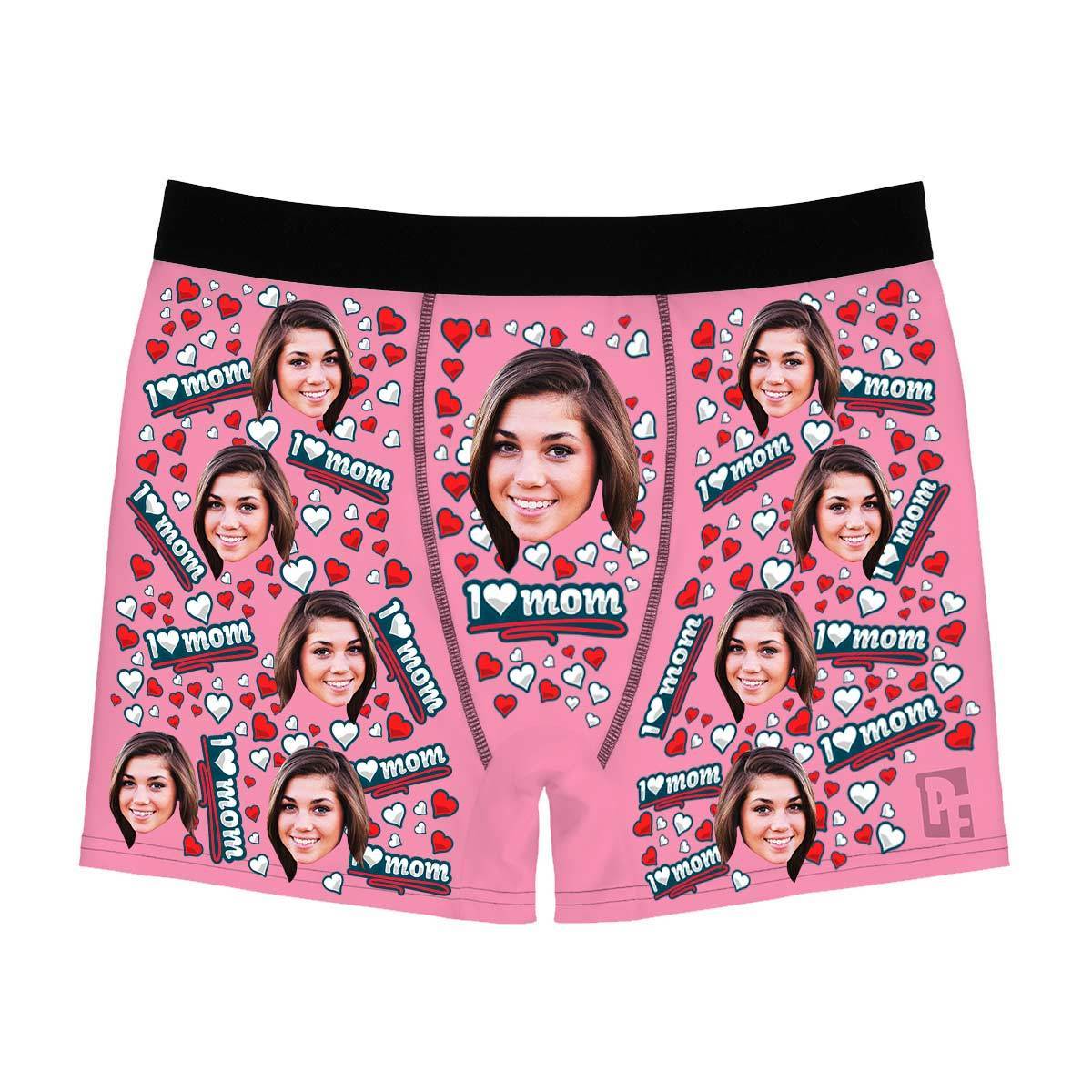 Pink Love mom men's boxer briefs personalized with photo printed on them